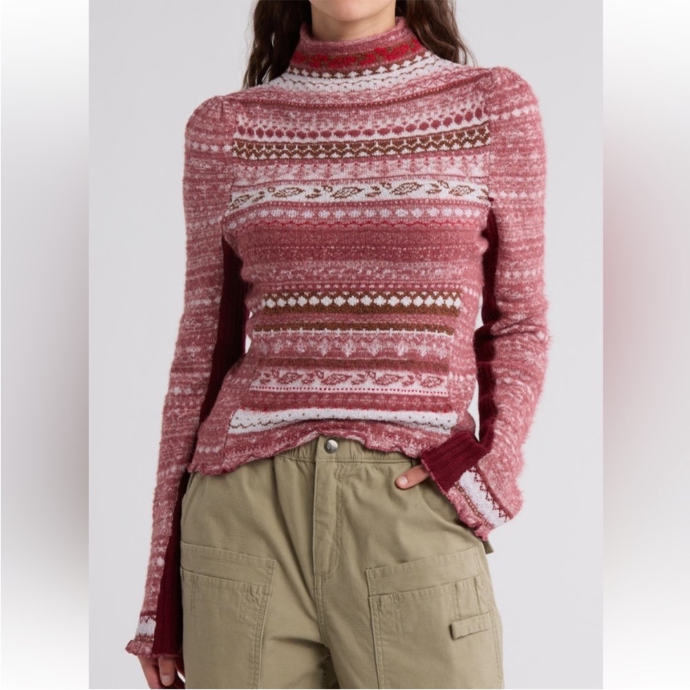 Free People Pink Patterned Mock Neck Sweater